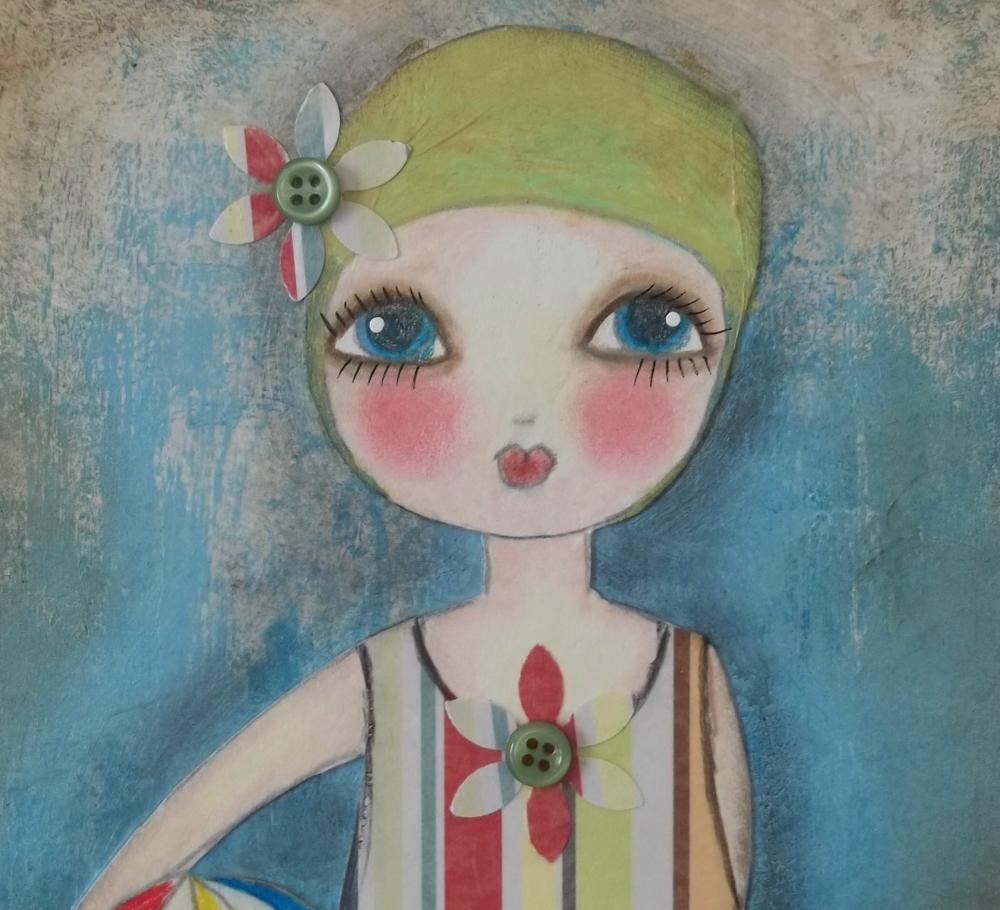 Little Swimmer 5x7 art card PRINT Mixed Media design