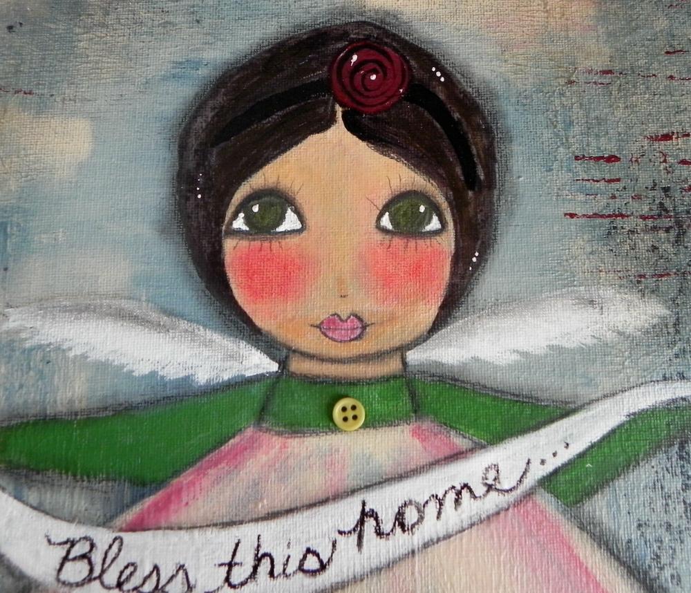 Bless this HOME angel with houses ORIGINAL mixed media 11x14