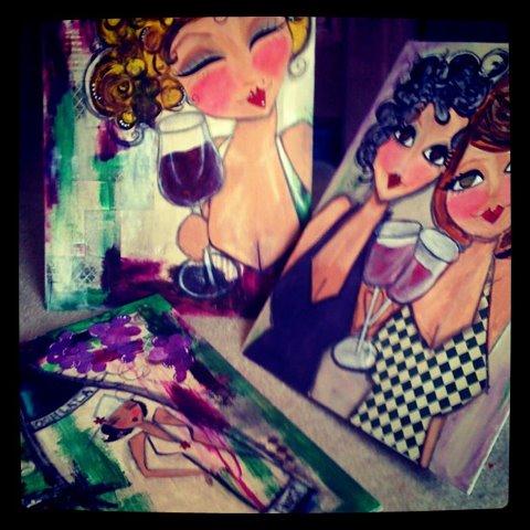 Cabernet Girls LARGE set of three WINE themed ORIGINAL paintings